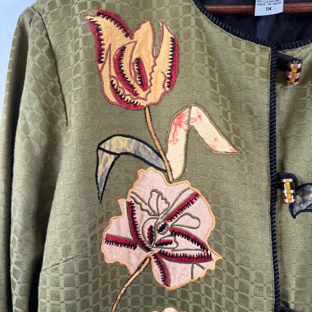 Indigo Moon Women’s 1X Floral Patchwork Embroidered Jacket Green Artwear Boho - Picture 7 of 7